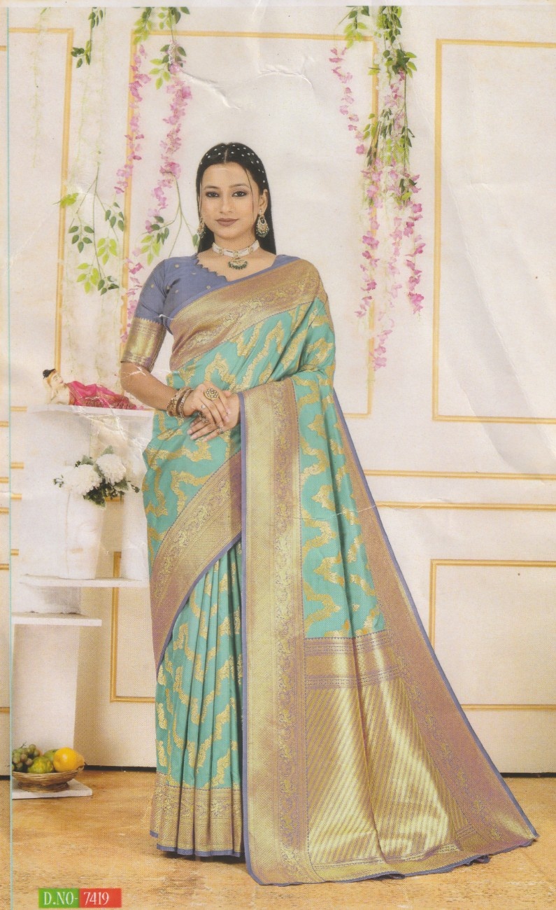 Elegant Silk Fancy Saree – Pastel Mint Green with Double Gold Zari Border & Royal Violet Blouse