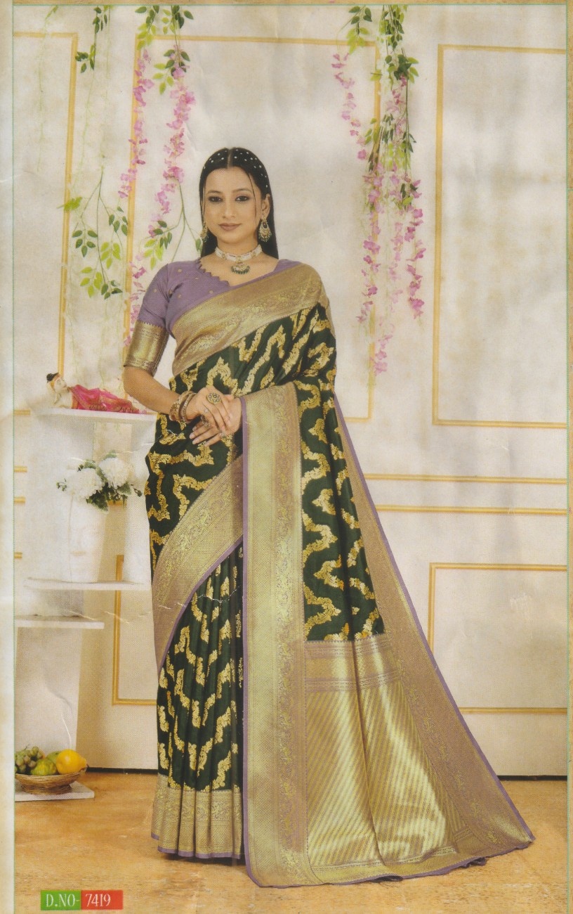 Elegant Fancy Saree – Bottle Green with Double Gold Zari Border & Royal Purple Blouse